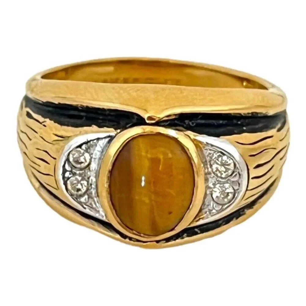 Vintage 1960s Ring Uncas Size 11 Tiger's Eye 14K Gold Plate Mid-Century -14N